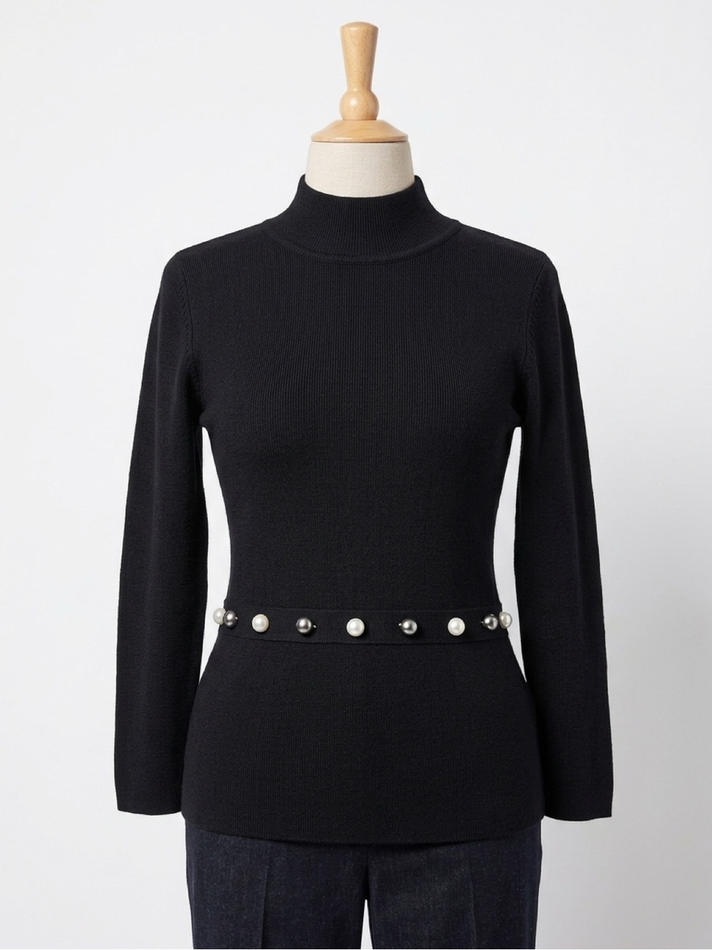 Black Mock Neck Sweater with Pearl-Look Buttons – Medium